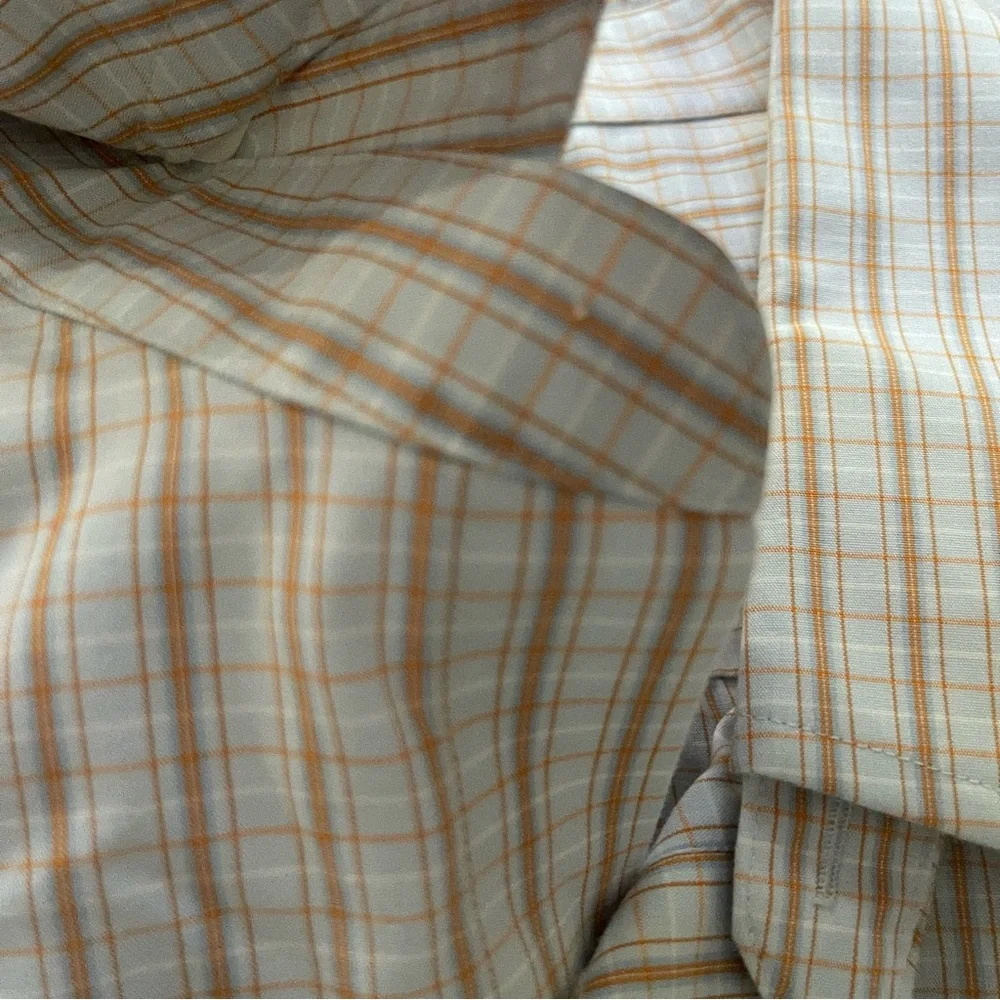 Banana Republic Mens XXL Slim Fit Non Iron Plaid Dress‎ Shirt Orange Blue White
